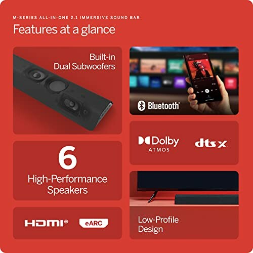 Sound bar features: dual subwoofers, Bluetooth, Dolby Atmos, DTS:X, 6 speakers, HDMI, eARC, low-profile design.