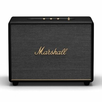 Marshall black Bluetooth speaker with gold logo