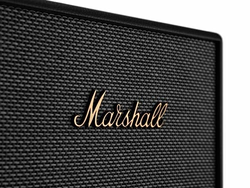 Close-up of Marshall speaker grille with logo.