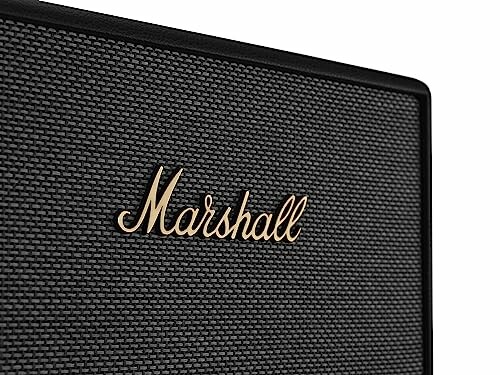 Close-up of a Marshall speaker with a textured grille.