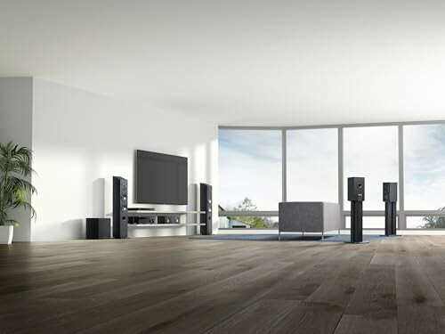 Spacious modern living room with large windows, wooden floor, TV, speakers, and plants.