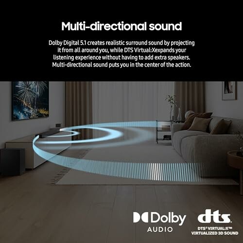 Living room showcasing multi-directional sound system with Dolby and DTS audio logos.