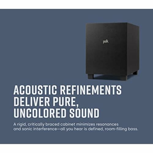 Polk subwoofer with text highlighting acoustic refinements and pure sound.