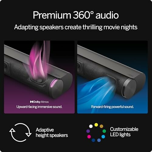 Premium 360 audio with adapting speakers for immersive sound and customizable LED lights.