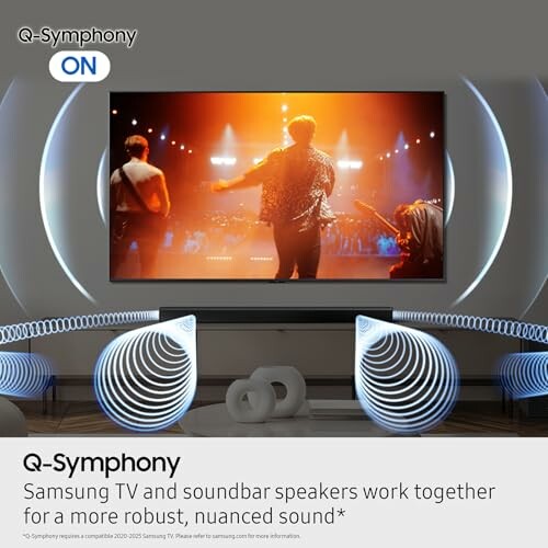 Samsung Q-Symphony TV and soundbar setup with a concert scene on screen.