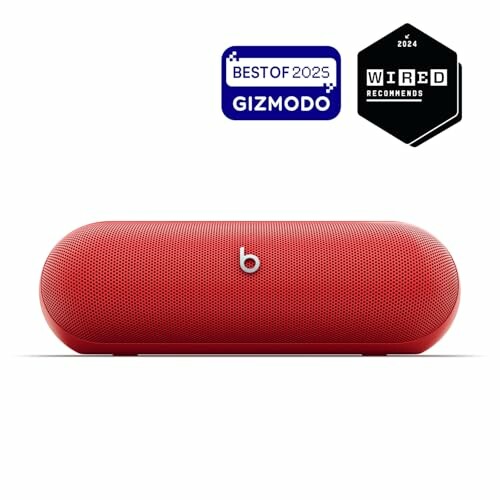 Red portable speaker with awards from Gizmodo and Wired.