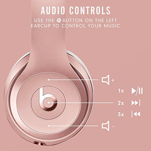 Rose gold headphones with audio control instructions.