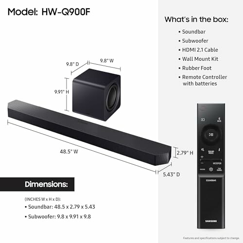 Samsung HW-Q900F soundbar with subwoofer, remote, and dimensions