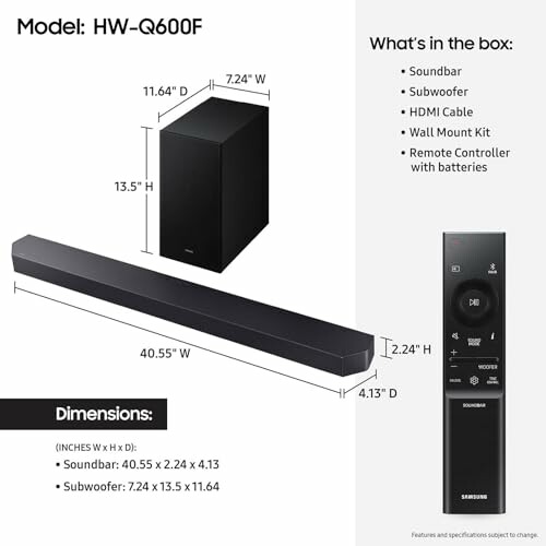 Samsung HW-Q600F soundbar package contents and dimensions.