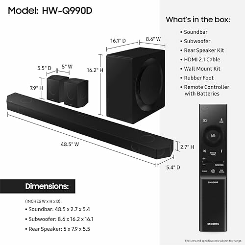Samsung HW-Q990D soundbar and accessories with dimensions.
