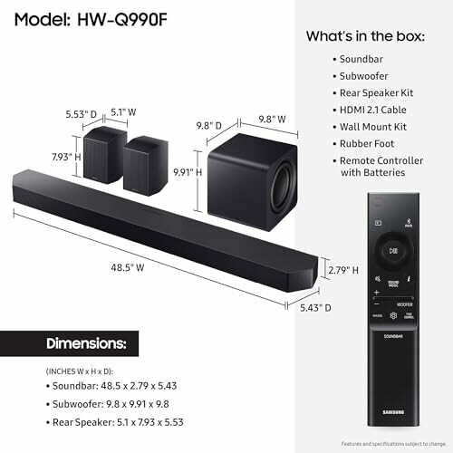 Samsung HW-Q990F soundbar with subwoofer and remote control, box contents and dimensions.