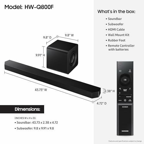 Samsung HW-Q800F soundbar system with subwoofer and remote.