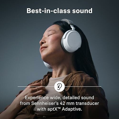 Person wearing headphones with text 'Best-in-class sound.'