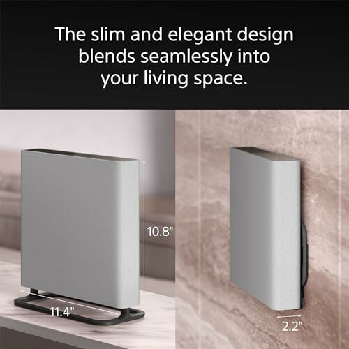 Slim and elegant router design displayed on a table and mounted on a wall with dimensions.