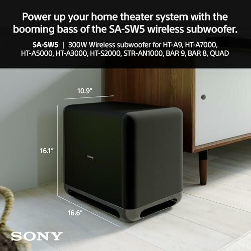 Sony SA-SW5 wireless subwoofer in a room corner.