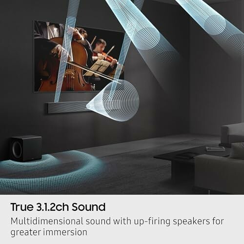 Room with a sound system illustrating multidimensional sound with up-firing speakers.