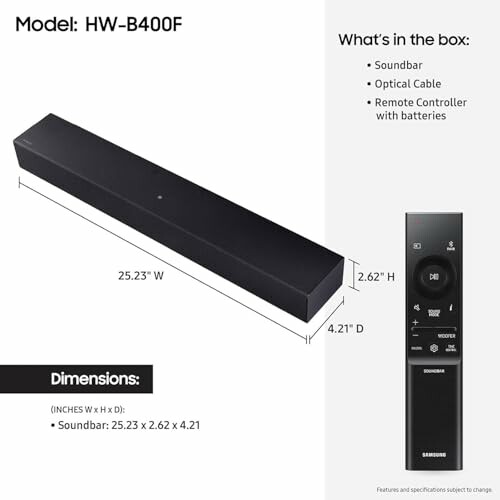 Samsung HW-B400F soundbar and remote control with dimensions and package contents.