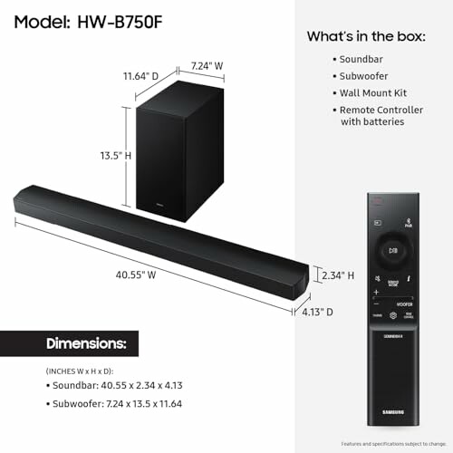 Soundbar HW-B750F package contents and dimensions.
