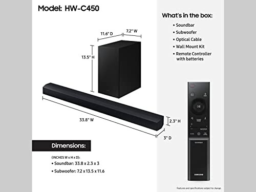 Soundbar HW-C450 with subwoofer and remote, package contents and dimensions.