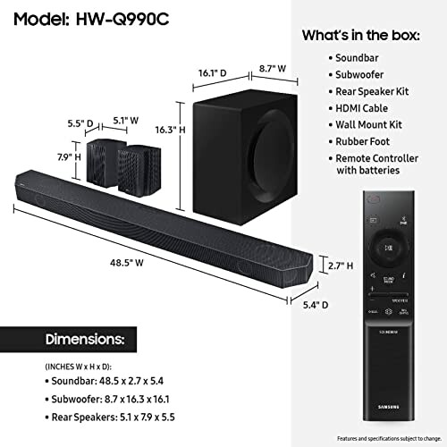 Samsung HW-Q990C soundbar features and dimensions with included items.