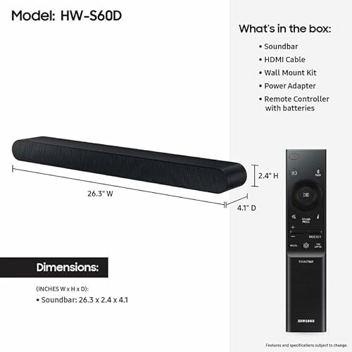 Soundbar Model HW-S60D with dimensions and remote control