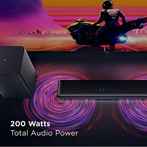 Soundbar and subwoofer with 200 watts total audio power, motorcycle theme on screen.