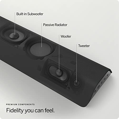 Soundbar with built-in subwoofer, passive radiator, woofer, and tweeter.