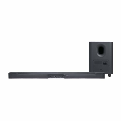 Black soundbar and subwoofer set on a white background