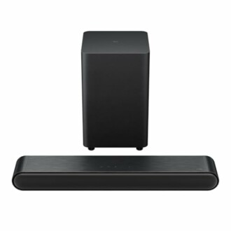 Black soundbar and subwoofer set