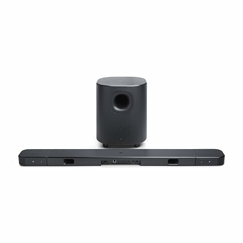 Black soundbar and subwoofer set.