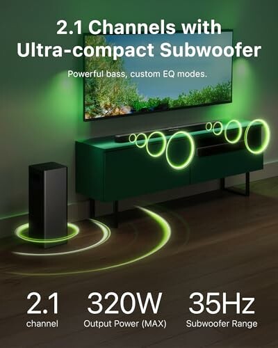 Soundbar system with 2.1 channels and subwoofer, 320W output, 35Hz range.