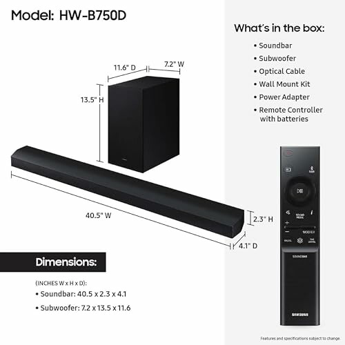 Soundbar system with subwoofer, remote, and accessories.
