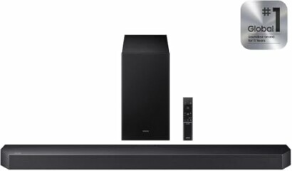 Soundbar system with subwoofer and remote control.