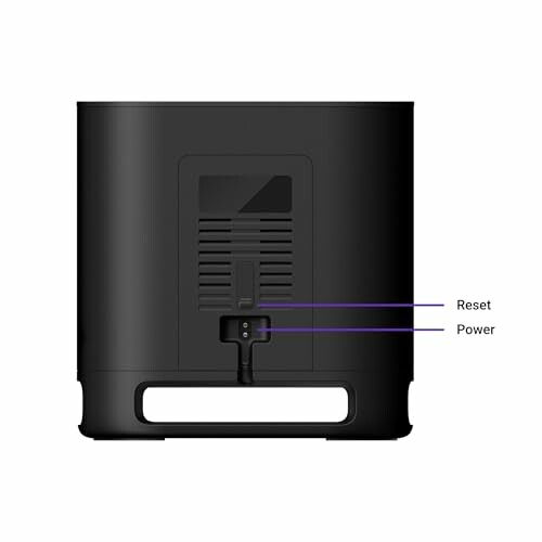 Back view of a black speaker showing reset and power buttons.