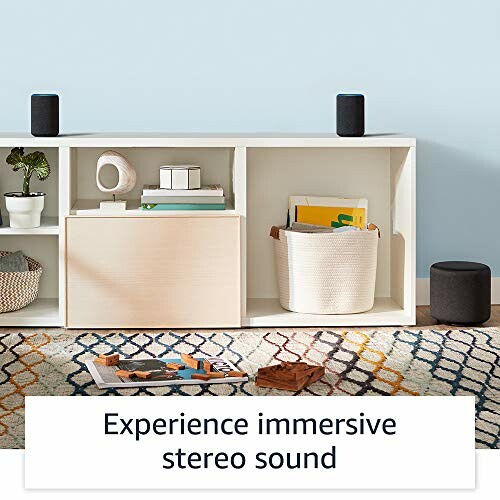 Bookshelf with speakers and decor, promoting immersive stereo sound.