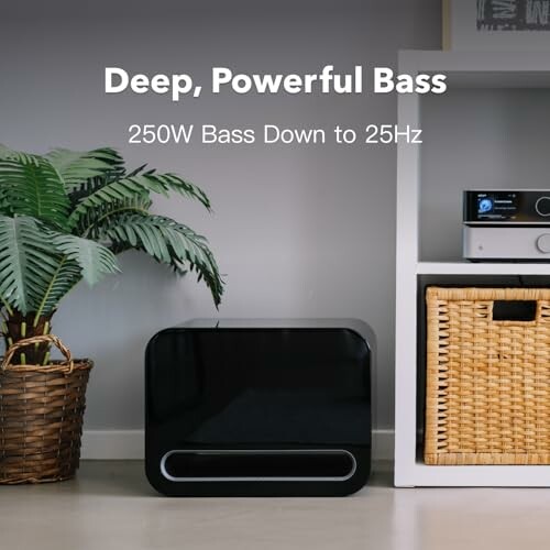Black subwoofer with powerful bass, 250W down to 25Hz, next to a shelf and plant.