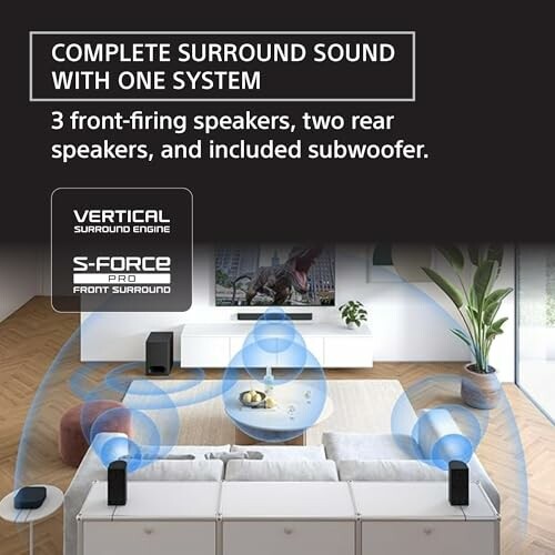 Diagram of a surround sound system setup in a living room.