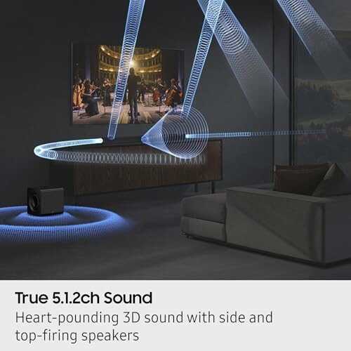 Room with 3D surround sound setup and speakers.