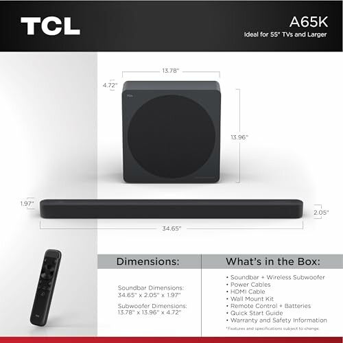 TCL A65K soundbar and subwoofer with dimensions and box contents.