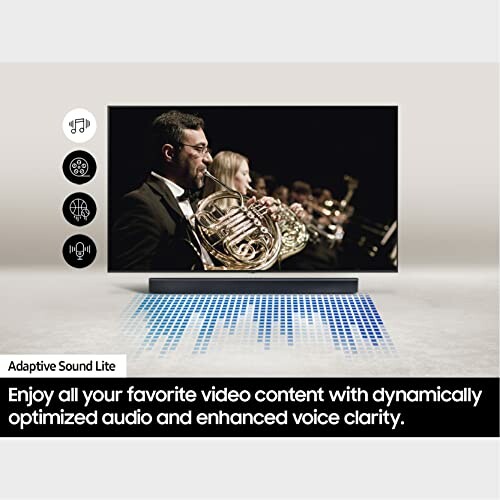 TV displaying an orchestra with adaptive sound feature icons.