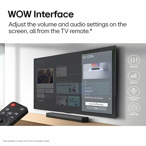 TV displaying audio settings with remote and soundbar.