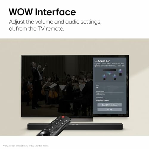 TV with soundbar and remote showing audio settings interface.