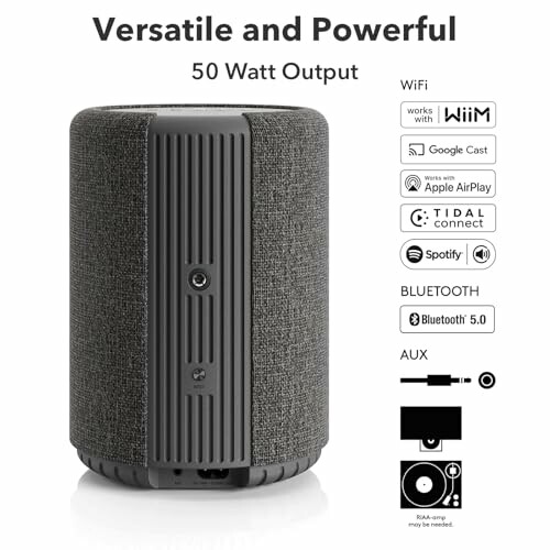 Versatile and powerful speaker with 50 watt output, WiFi, Bluetooth, AUX features, and compatibility with multiple streaming services.