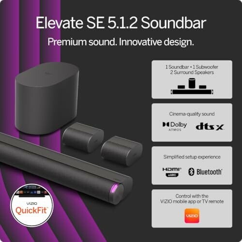 VIZIO Elevate SE 5.1.2 Soundbar with subwoofer and surround speakers, featuring Dolby Atmos, dtsX, HDMI, and Bluetooth.