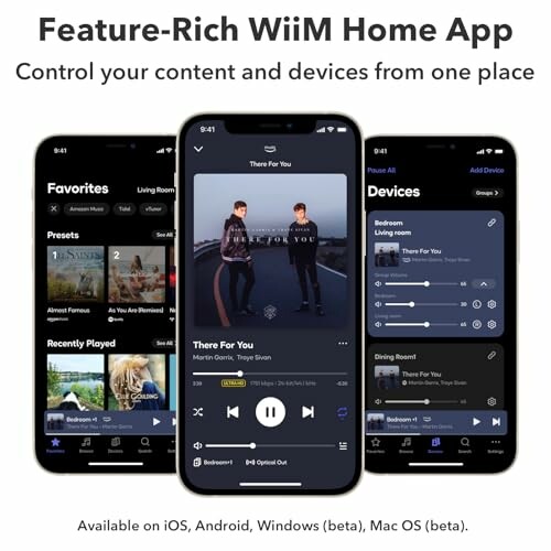 WiiM Home App interface showing music and device control on smartphones.