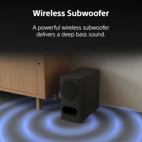 Wireless subwoofer with deep bass sound next to cabinet.